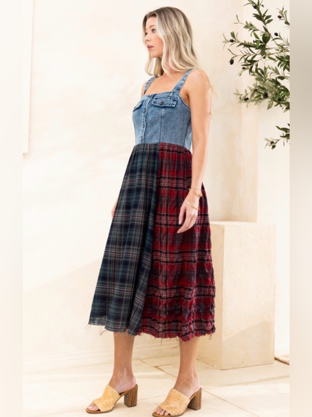 Oddi Large Denim Bodice Plaid Midi Dress - Blue and Red NWOT - Picture 3 of 9